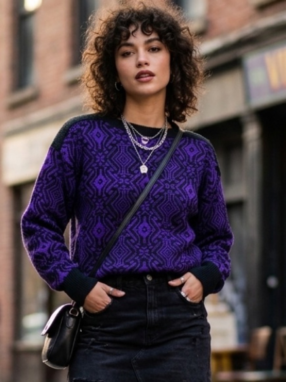 Vintage Transfomer Purple and Black Patterned Sweater, Size Medium, acrylic